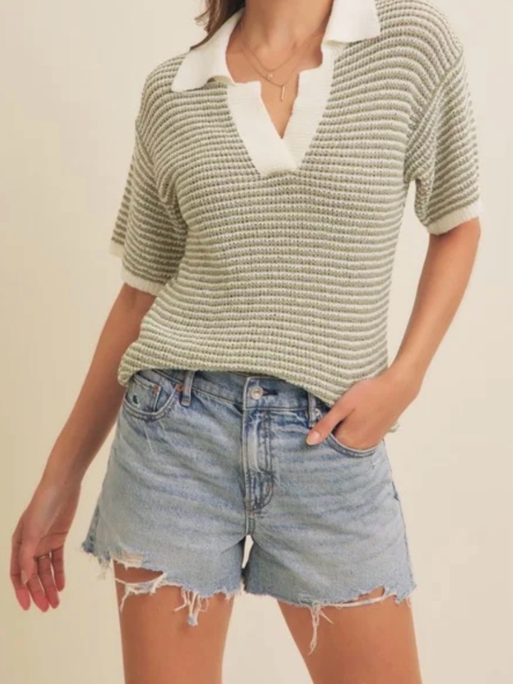 New with tags By Together striped bouclé sweater polo in olive green and creamy